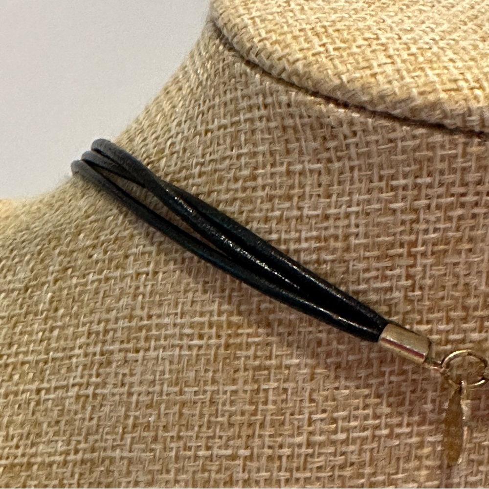 Chico’s Necklace black leather chain w/ round gold pendant w/ black bead center - Picture 9 of 11